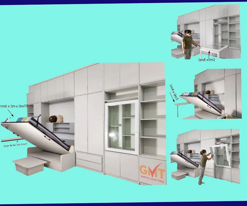 Hệ tủ kết hợp giường gấp thông minh và bàn làm việc - giải pháp nội thất đa năng cho không gian nhỏ.