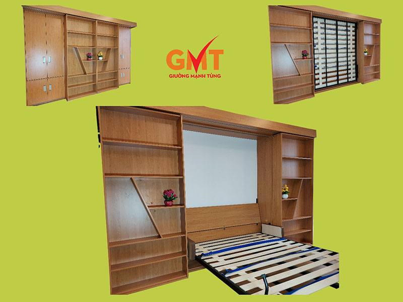 Giường gấp đa năng kết hợp tủ kệ gỗ sang trọng, dễ dàng gấp gọn, tiết kiệm diện tích cho phòng ngủ hiện đại
