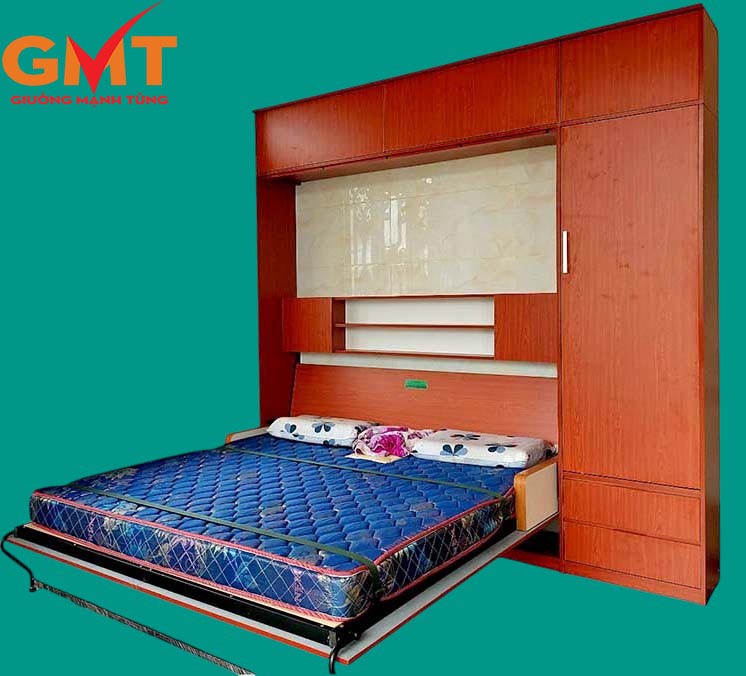 Giường gấp đa năng kết hợp tủ quần áo và kệ trang trí, thiết kế tiết kiệm diện tích cho phòng ngủ nhỏ.