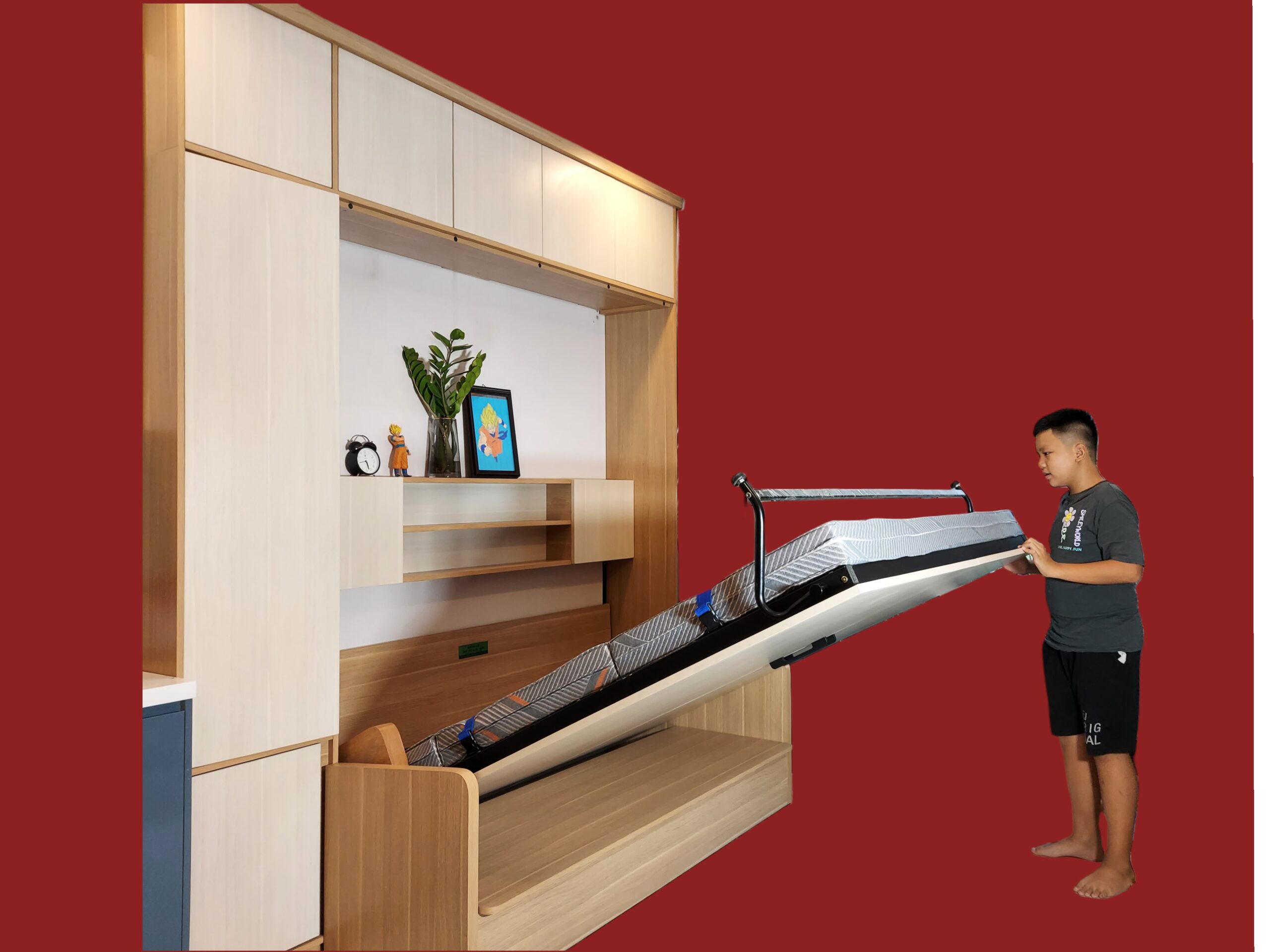 iường gấp thông minh cho phòng nhỏ, mẫu giường gấp dạng dọc kèm tủ và dễ dàng thao tác