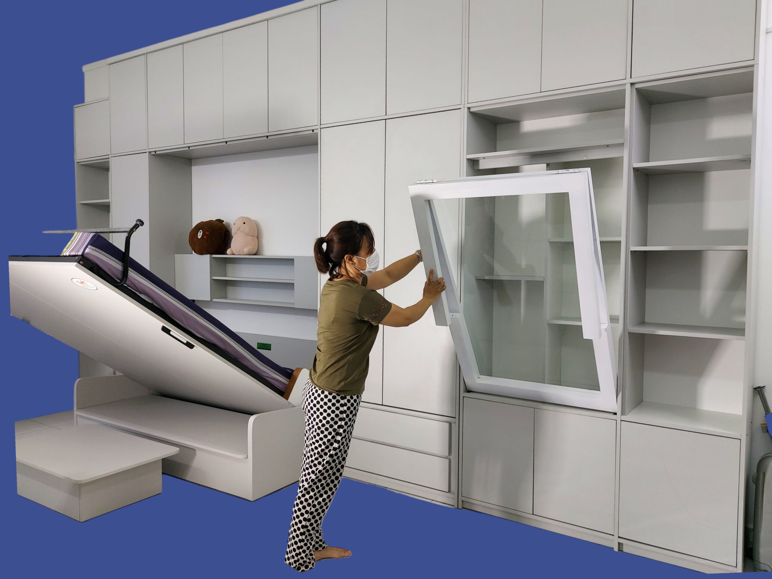 Giường thông minh 1m6 Mạnh Tùng MT-136 ở lưng chừng, kết hợp tủ kệ và nội thất đa năng màu trắng xám