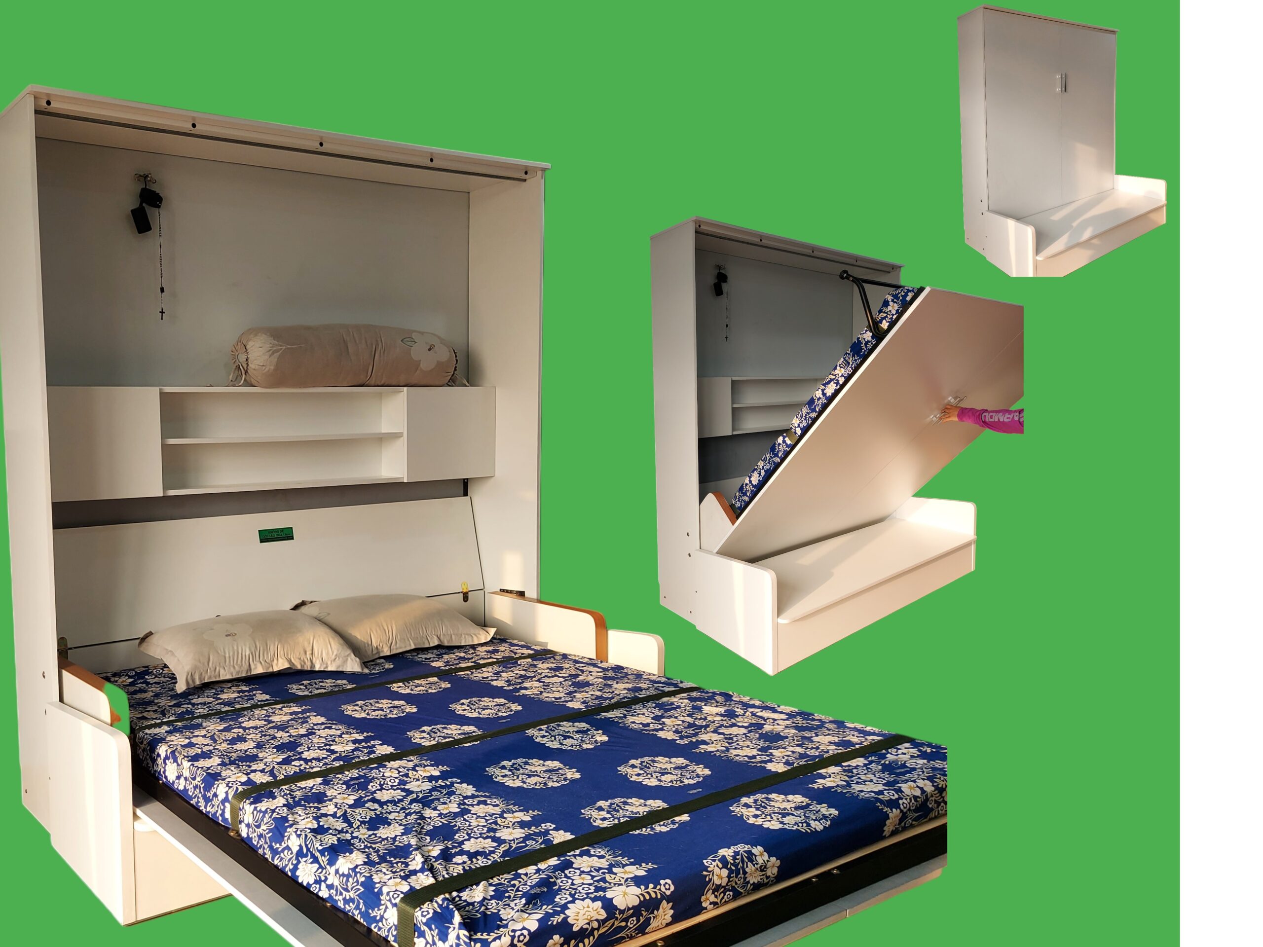 giường gấp kết hợp sofa thông minh cho phòng nhỏ, mẫu giường gấp dọc có kệ tủ và sofa tiện lợ