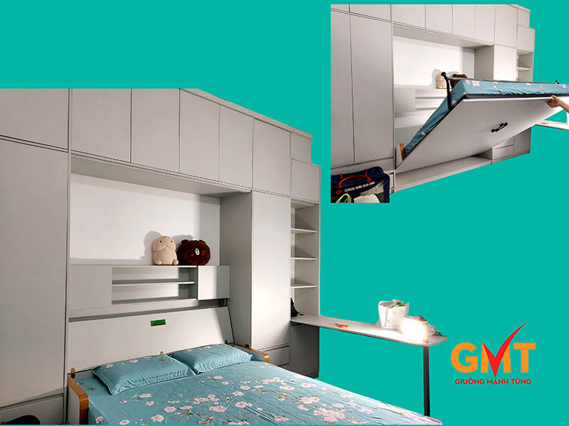 Giường gấp đa năng kết hợp bàn làm việc và tủ trên, dễ dàng chuyển đổi giữa không gian ngủ và làm việc